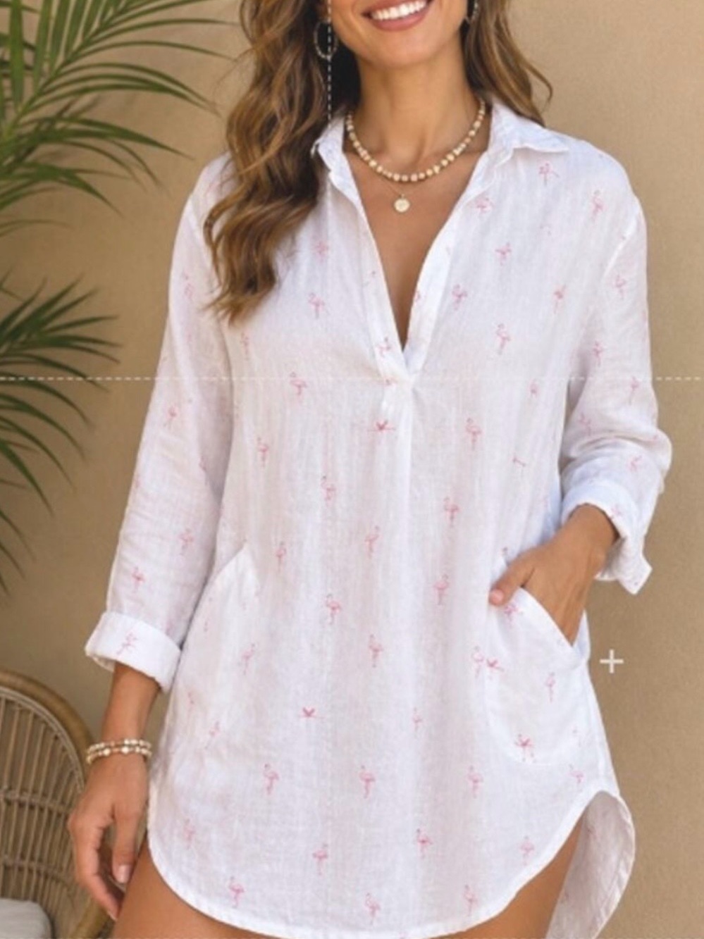 ForCynthia Flamingo Coastal Grandma Print 100% Linen Beachwear L Tunic Lagenlook